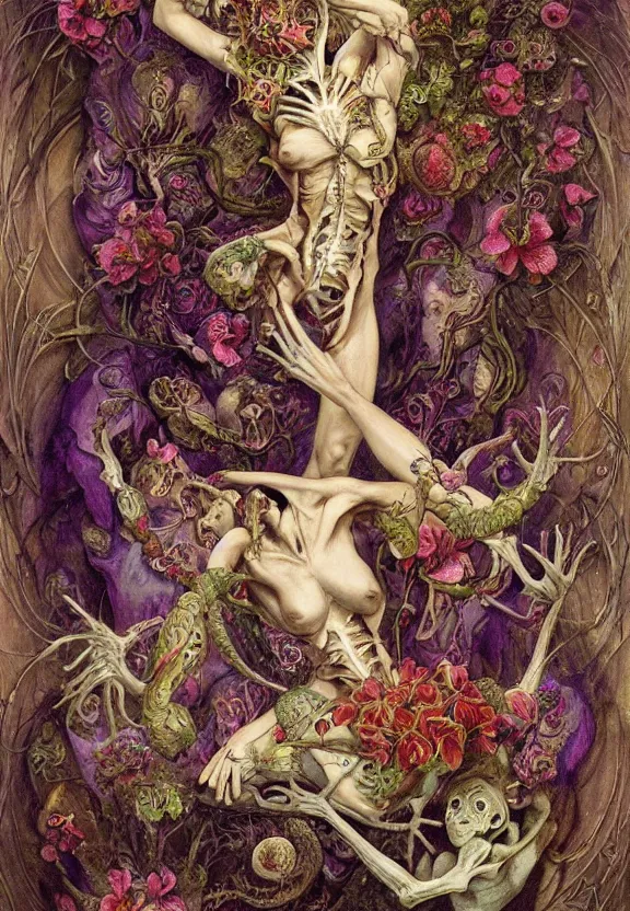 Image similar to simplicity, elegant, colorful muscular eldritch bodies and bones radiating from fractal, orchids, flowers, mandala, white bones, by h. r. giger and esao andrews and maria sibylla merian eugene delacroix, gustave dore, thomas moran, pop art, chiaroscuro, biopunk, art nouveau