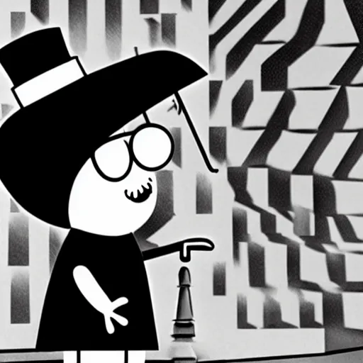 Image similar to A film noir in the style of Dr Caligari featuring Peppa Pig