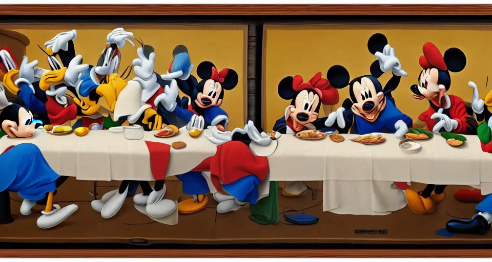 Prompt: mickey mouse donald duck goofy pluto at the last supper