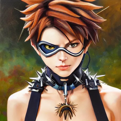 Image similar to oil painting of tracer overwatch in a field wearing spiked collar around neck, in style of peter kemp, expressive face, wearing choker with spikes, steel collar, detailed face, detailed eyes, full body, feminine face, tracer overwatch,