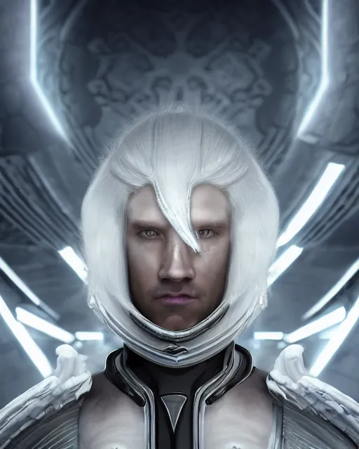 Image similar to perfect white haired egyptian male god, brute, warframe armor, beautiful, symmetric, dreamy, half african, black salamander eyes, charlize theron, detailed, scifi platform, laboratory, experiment, 4 k, ultra realistic, epic lighting, android body, illuminated, cinematic, masterpiece, art by akihito tsukushi, voidstar