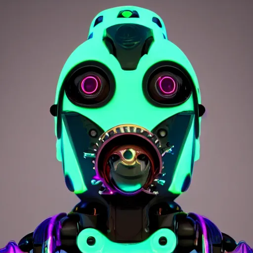 Image similar to a glossy claymodel of a dieselpunk aztec futuristic robot head with eeg sensors, 8 k, front shot, symetrical, flourescent colors, halluzinogenic, multicolored, insanely detailed, front shot, 3 d render, octane