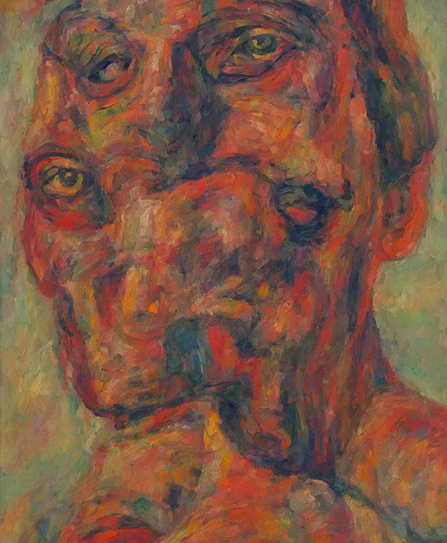 Image similar to a portrait of a severe warrior, expressive abstractionism, many small saturated hard relief strokes with oil on canvas with high detail