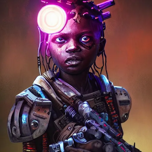 Image similar to a dark and ominous cyborg african child soldier with glowing eyes and steel dreadlocks, neon graffiti, Apex Legends character digital illustration portrait design, by android jones and greg rutkowski in a cyberpunk voodoo style, retrowave color scheme, detailed, cinematic lighting, wide angle action dynamic portrait