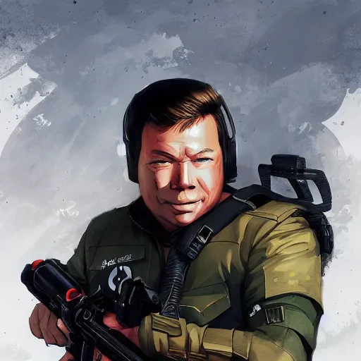 Image similar to An anime portrait of a young William Shatner in tactical gear, by Stanley Artgerm Lau, WLOP, Rossdraws, James Jean, Andrei Riabovitchev, Marc Simonetti, and Sakimichan, tranding on artstation