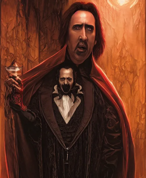 Image similar to nicolas cage as dracula, highly detailed, centered, artstation, concept art, smooth, sharp focus, illustration, bokeh art by artgerm and donato giancola and joseph christian leyendecker