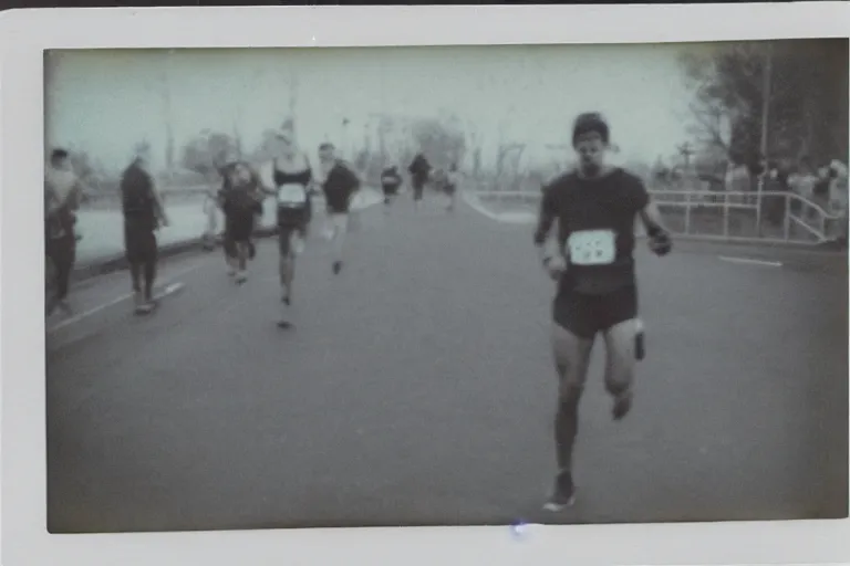 Image similar to dark old polaroid of a sad man running a marathon