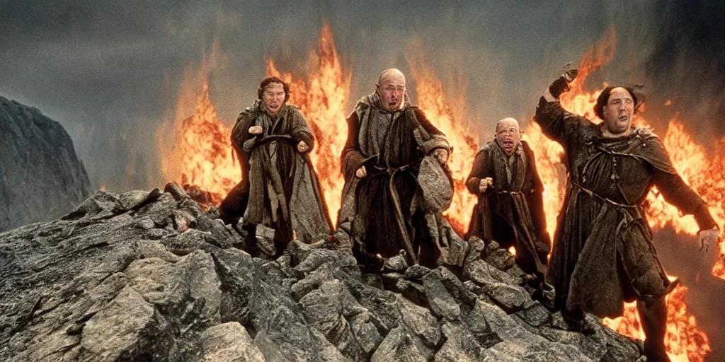 Image similar to film still of the three stooges climbing mount doom in the return of the king, hd 4 k lord of the rings remaster director's cut