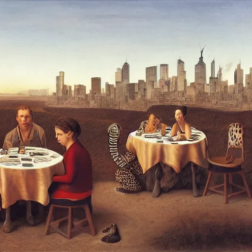 Prompt: The land art shows four people sitting in a diner late at night. The people in the land art look tired and lonely. The land art is set in New York City and shows the city's skyline in the background. cheetah print by Frederick Sandys, by Andreas Franke ghastly