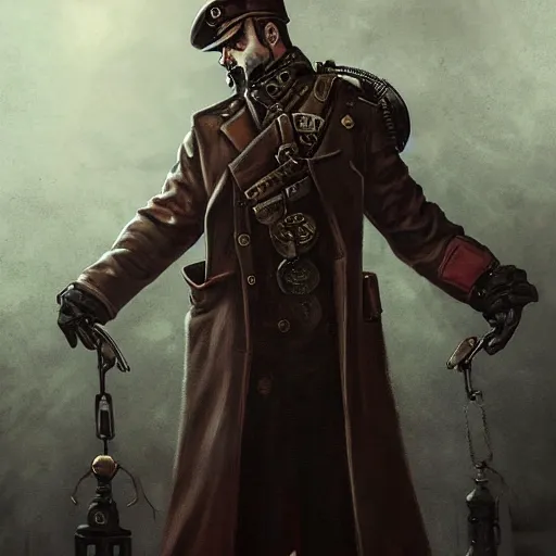 Image similar to steampunk soviet policeman, fog, darkness, evil, magic the gathering artwork, D&D, fantasy, cinematic lighting, centered, symmetrical, highly detailed, digital painting, artstation, concept art, smooth, sharp focus, illustration, volumetric lighting, epic Composition, 8k, art by Akihiko Yoshida and Greg Rutkowski and Craig Mullins, oil painting, cgsociety