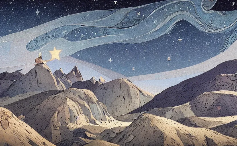 Prompt: mountains, stars and paisley filled sky, artstation, intricate, highly detailed, digital painting, concept art, sharp focus, illustration by Piero della Francesca and Kilian Eng