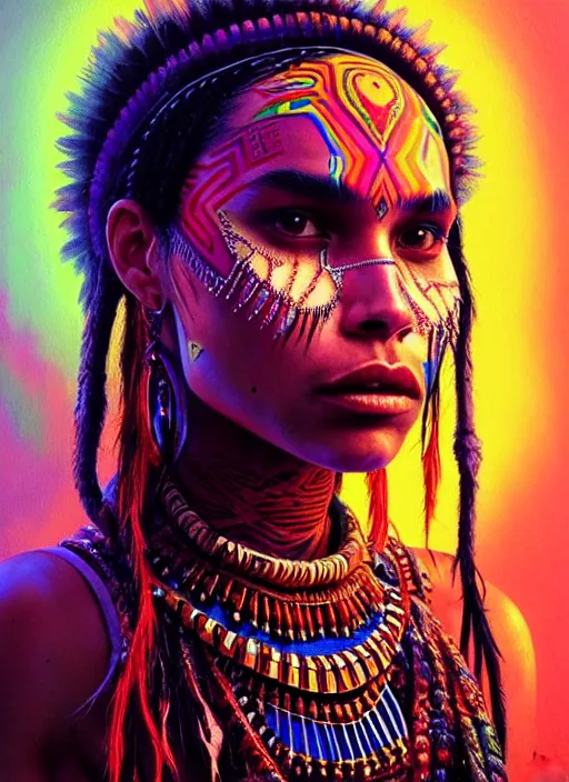 Image similar to portrait of zoe kravitz, hyper detailed ultra sharp aztec shaman warrior. trending on artstation, warpaint aesthetic, bloodwave, colorful, psychedelic, ornate, intricate, digital painting, concept art, smooth, sharp focus, illustration, art by artgerm and greg rutkowski and h. r. giger, 8 k