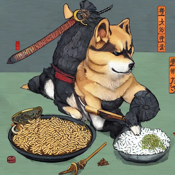 Image similar to a shiba-inu-samurai eating a bowl of rice, d&d concept art, incredible colors, heckin cool pupper