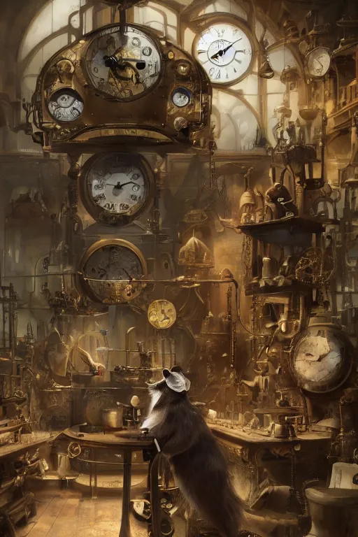 Prompt: Mouse with a pompadour visits the steampunk watchmakers clock workshop by Ruan Jia, concept art, 4k, hyper detailed digital art