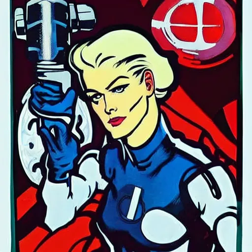 Prompt: a stoic heroic butch blonde emotionless woman, with very short slicked - back hair. she is dressed as an atompunk space hero. well composed, clean elegant painting, beautiful detailed face. comic book art by steve ditko and jack kirby and ( alphonse mucha )