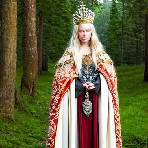 Prompt: photo of a real-life very beautiful nordic princess with an ornate cloak and crown, highly detailed