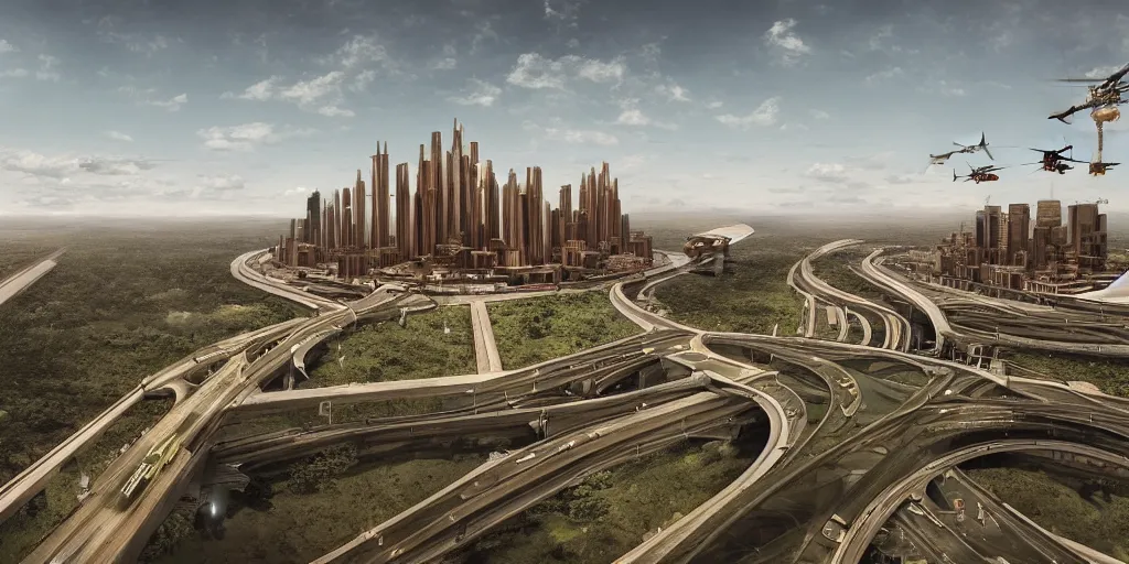 Image similar to cinematic still of hyper detailed highway realistic afro steampunk designed by frank lloyd wright architect, helicopters, deep perspective, wide angle, insanely detailed and intricate,