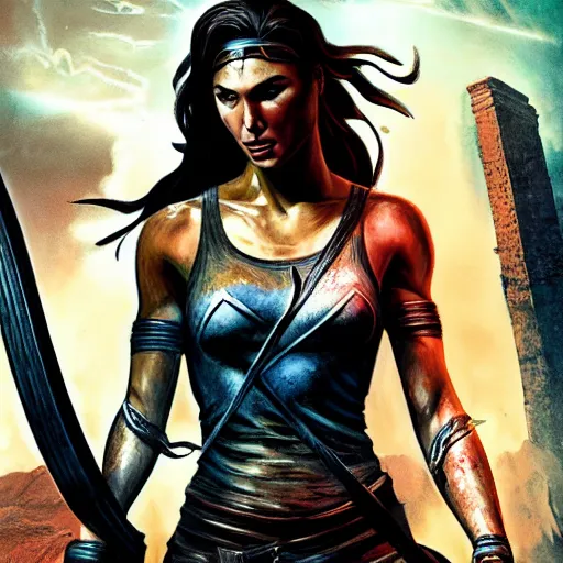 Prompt: Gal Gadot as Tomb Raider. Moody light. Girl power. Movie poster art. Boris Vallejo