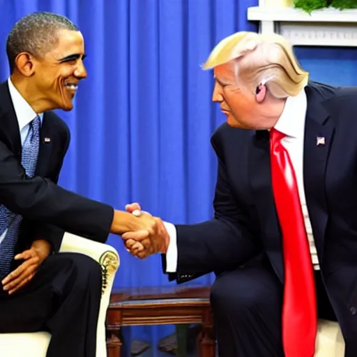 Prompt: Photo of Barack Obama smiling and shaking hands with Donald Trump wearing a blue shirt, realistic