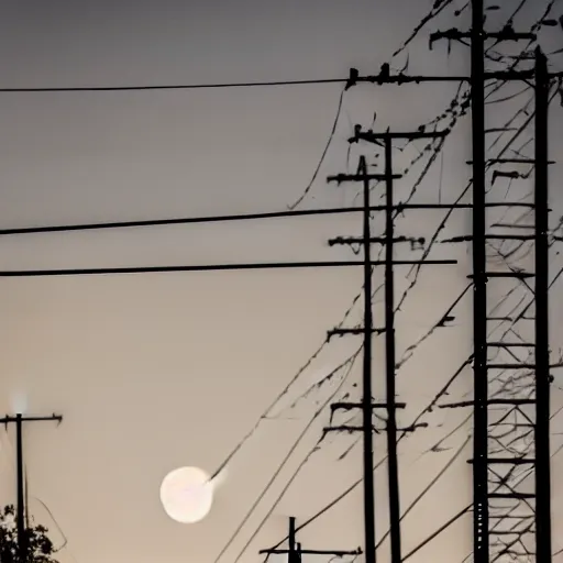 Prompt: photo of low moon behind power pole, telephoto lens