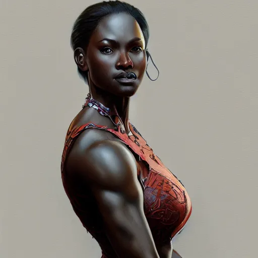 Image similar to full figure ultra realistic illustration, okoye, intricate, elegant, highly detailed, digital painting, artstation, concept art, smooth, sharp focus, illustration, art by artgerm and greg rutkowski and alphonse mucha