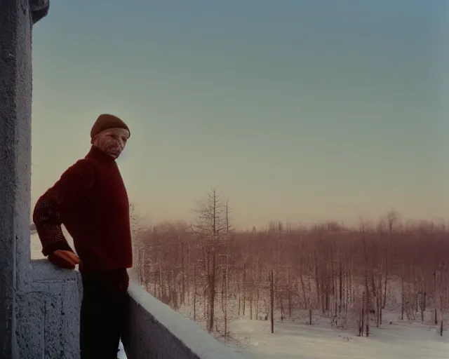 Image similar to lomographic tarkovsky film still of 4 0 years russian man with beard and sweater standing on small hrushevka 9 th floor balcony full with cigarette smoke in winter taiga looking at sunset, cinestill, bokeh