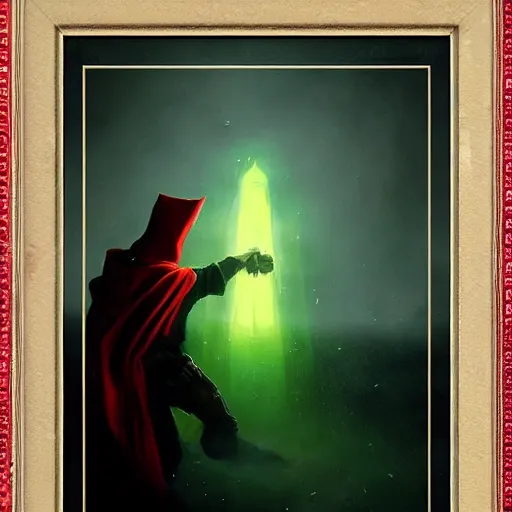 Image similar to ''cinematic shot'' red hooded mage ( spectre ) with bells ringing simetrical 8 k atmosferic realistic, wearing a green cape, holding a bell, made by ivan aivazovsky, peter mohrbacher, greg rutkowski volumetric light effect broad light oil painting painting fantasy art style sci - fi art style realism premium prints available artwork unreal engine