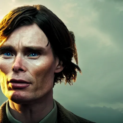 Prompt: Cillian Murphy as Fitz from the Fitz and the Fool books, with Night Eyes the wolf:: hyper realistic, cinematic lighting, photo realism