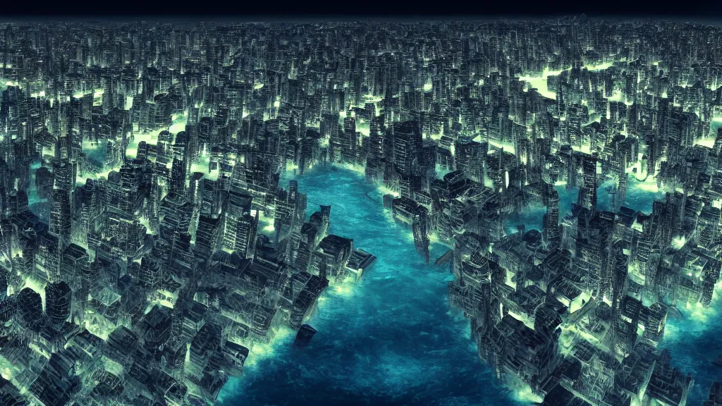 Prompt: photograph of an underwater city at night, 4 k resolution