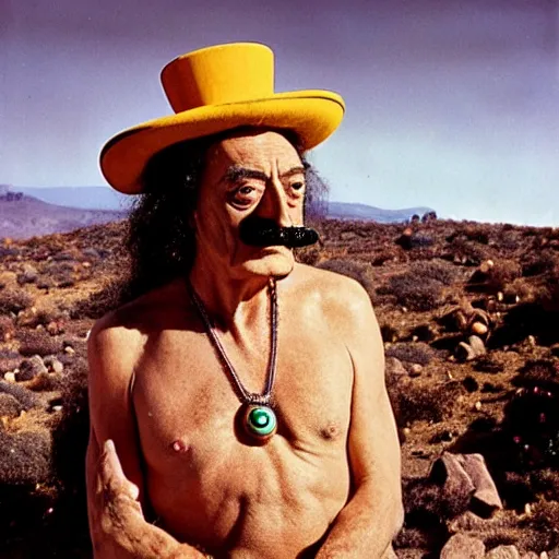 Image similar to salvador dali wearing a costume with jewels in a dry rocky desert landscape, visible sky and sunny atmosphere, film still from the movie by alejandro jodorowsky with cinematogrophy of christopher doyle and art direction by hans giger, anamorphic lens, kodakchrome, very detailed photo, 8 k