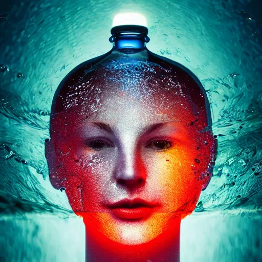 Image similar to water artwork in the shape of a human head stuffed in a bottle, on the ocean water, futuristic, glowing, gradient, hyper realistic, ray tracing, realistic water, sharp focus, long shot, 8 k resolution, cinematic, photoshop water art