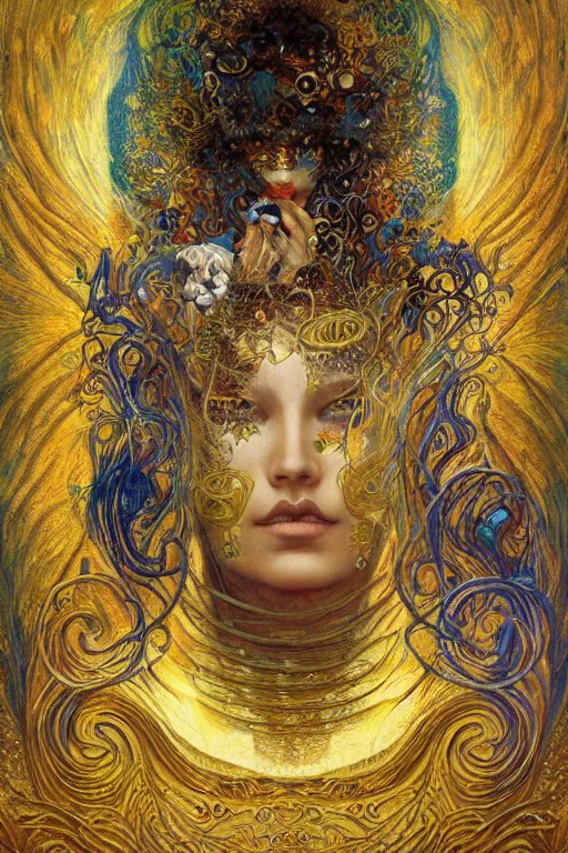 Prompt: Visions of Paradise by Karol Bak, Jean Deville, Gustav Klimt, and Vincent Van Gogh, visionary, otherworldly, fractal structures, ornate gilded medieval icon, third eye, spirals