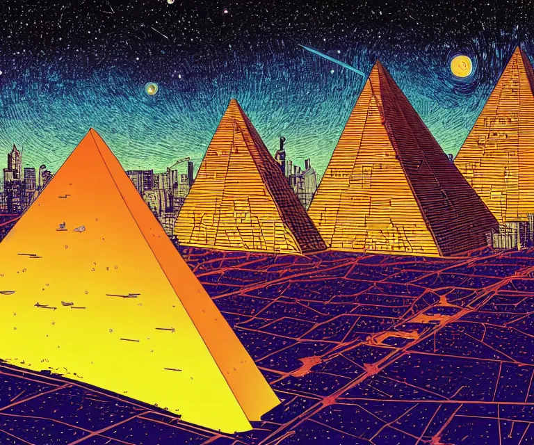 Image similar to gigantic solar pyramids towering over a small city meteor in the dark starry sky of saturn by laurie greasley and kelly freas