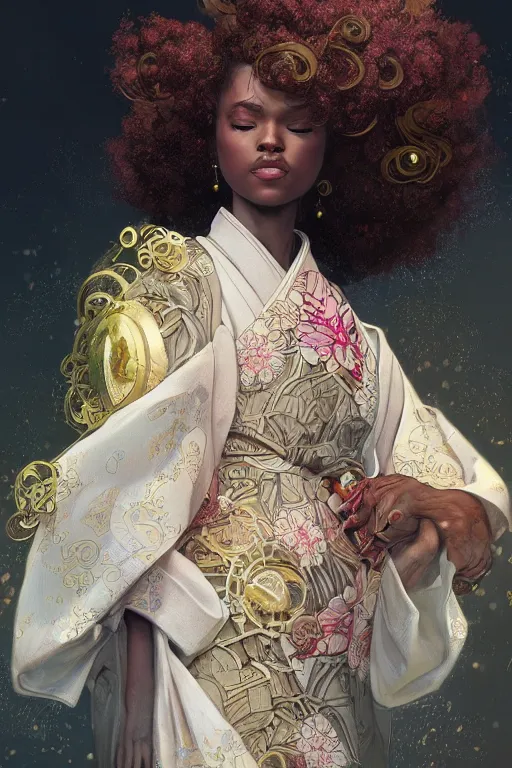 Prompt: ultra realistic illustration, woman with an afro wearing a kimono, sci - fi, fantasy, intricate, elegant, highly detailed, digital painting, artstation, concept art, smooth, sharp focus, illustration, art by artgerm and greg rutkowski and alphonse mucha