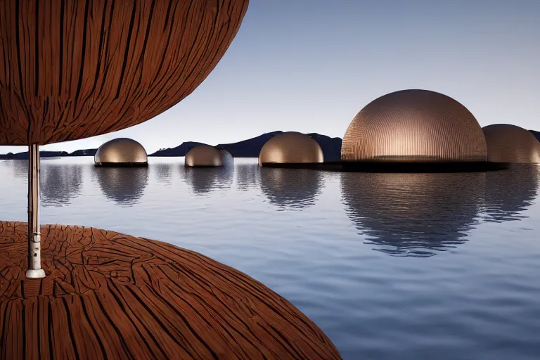 Image similar to many white round spherical buildings are crowded and combined to form a building on the calm lake, by pierre bernard, on the calm lake, people's perspective, future, interior wood, dusk, unreal engine highly rendered, global illumination, radial light, internal environment