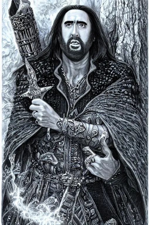 Image similar to portrait of Nicolas Cage as wizard, fantasy, intricate, highly detailed, illustration by ken kelly