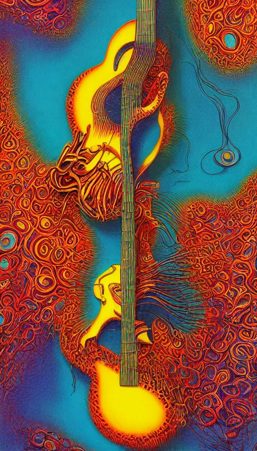 Prompt: colourful biomorphic opart, octane render 8 k, jimi hendrix playing guitar, pascal blanche, josh kirby, roger dean, james jean, giger, arthur rackham, moebius, syd mead, killian eng beksinski, greg hildebrandt, scifi, 8 k