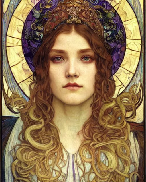 Image similar to detailed realistic beautiful young medieval queen face portrait by jean delville, alphonse mucha, vincent van gogh, and marco mazzoni, art nouveau, symbolist, visionary, gothic, pre - raphaelite