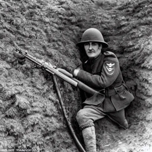 Image similar to cute fluffy caracal in trenches of ww 1, wearing ww 1 hermet, with rifle, old photo, hyperrealistic detailed 8 k