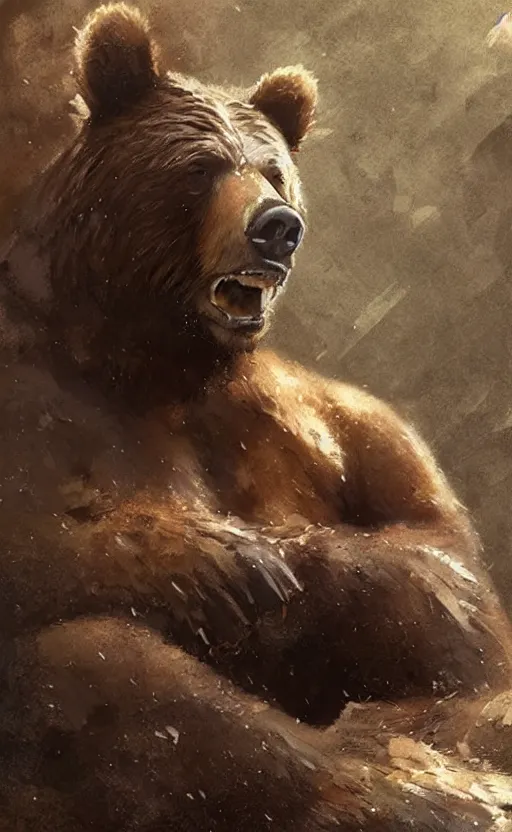 Image similar to Portrait of a rugged bear sitting down, male, muscular, detailed face, bare thighs!!!, simple clothing!!!!!, fantasy, medieval, highly detailed, cinematic lighting, digital art painting by greg rutkowski