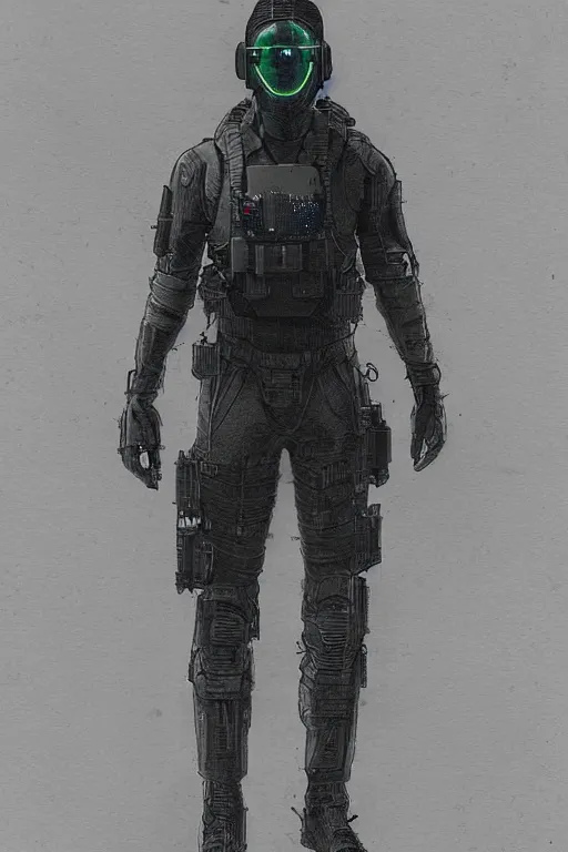 Image similar to kim. blackops mercenary in near future tactical gear, stealth suit, and cyberpunk headset. Blade Runner 2049. concept art by James Gurney and Mœbius.