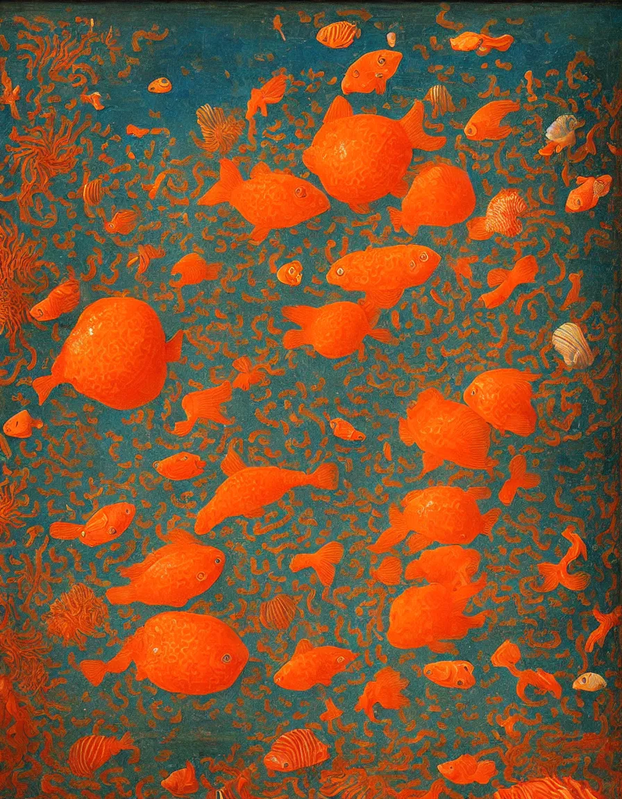 Image similar to transparent vase of coral in the sky and under the sea decorated with a dense field of stylized scrolls that have opaque orange outlines, with colorful shells and orange fishes, ambrosius benson, oil on canvas, hyperrealism, light color, no hard shadow, around the edges there are no objects
