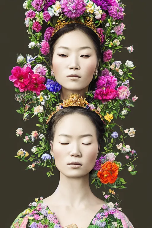 Image similar to a beautiful portrait of an empress in her garden, with a brilliant, impossible striking big flower headpiece, clothes entirely made out of flowers, symmetrical, closeup, dramatic studio lighting, rococo, baroque, jewels, asian, hyperrealism, D&D, fantasy, intricate, elegant, highly detailed, digital painting, artstation, octane render, 8k, concept art, matte, sharp focus, illustration, art by Artgerm and Greg Rutkowski and Alphonse Mucha