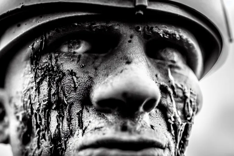 Image similar to An extreme close-up of a WW1 soldier's face, high anxiety, mud, grime, sweat, filth, dramatic lighting, ARRI ALEXA Mini LF, ARRI Signature Prime 35mm T 1.8 Lens, 4K film still by Sam Mendes, Roger Deakins,