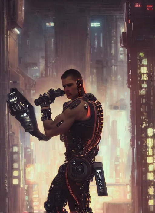 Image similar to buff cyberpunk olympic weightlifter with robotic arms wearing a jumpsuit ( blade runner 2 0 4 9, cyberpunk 2 0 7 7 character design ). orientalist portrait by john william waterhouse and james gurney and theodore ralli and nasreddine dinet, oil on canvas. cinematic, hyper realism, realistic proportions, dramatic lighting, high detail 4 k