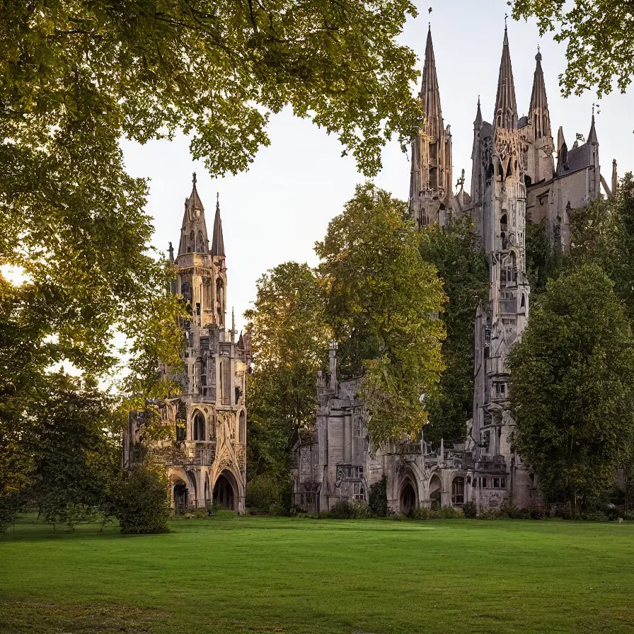 Image similar to a Tudor style village in the shadows of an enormous Gothic Revival architecture castle in a lovely meadow at dusk