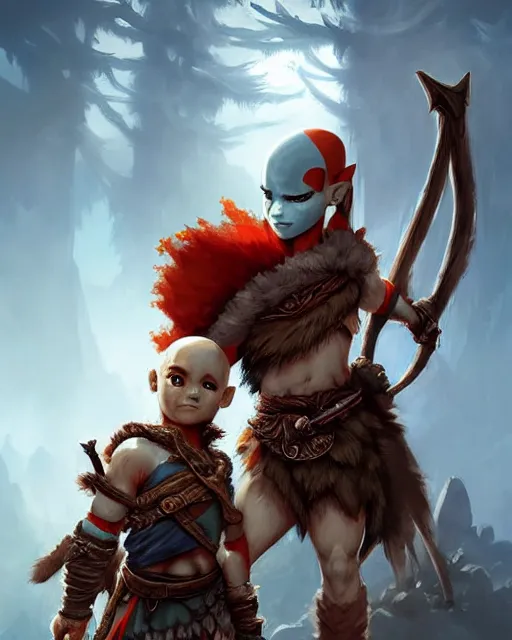 Image similar to cute little anthropomorphic kratos and aloy cute and adorable, pretty, beautiful, dnd character art portrait, matte fantasy painting, deviantart artstation, god of war, horizon zero dawn, by jason felix by steve argyle by tyler jacobson by peter mohrbacher