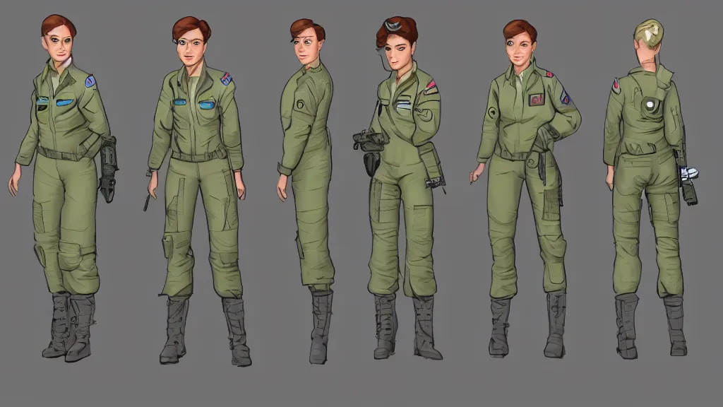 Image similar to a Character reference sheet of a military female pilot