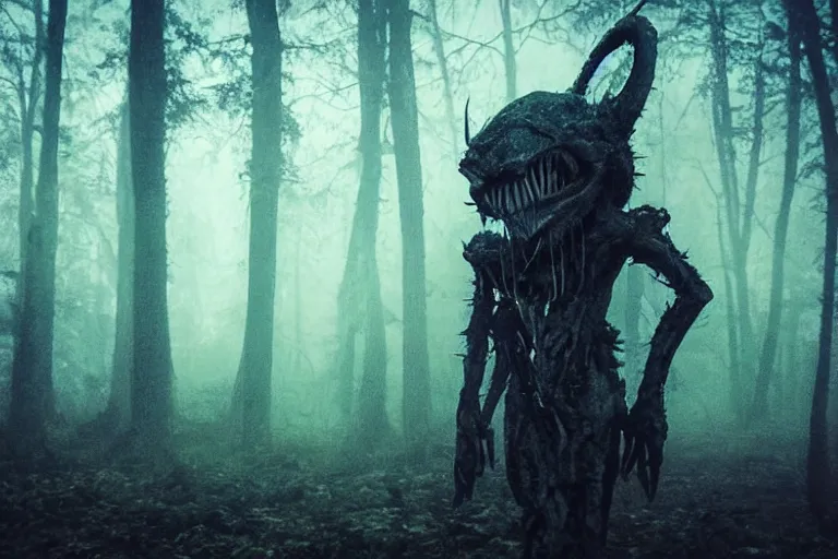 Image similar to a close shot of an ominous alien being standing in a forest, detailed, mythical, mist, depressing, tired, dark, lush, nature, mist, mystery, glows, somber, dismal, fog, heavy fog, dark lighting, rim light, glow, ambient light,