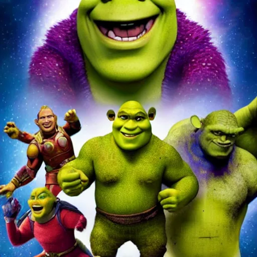 Prompt: shrek in avengers infinity war poster